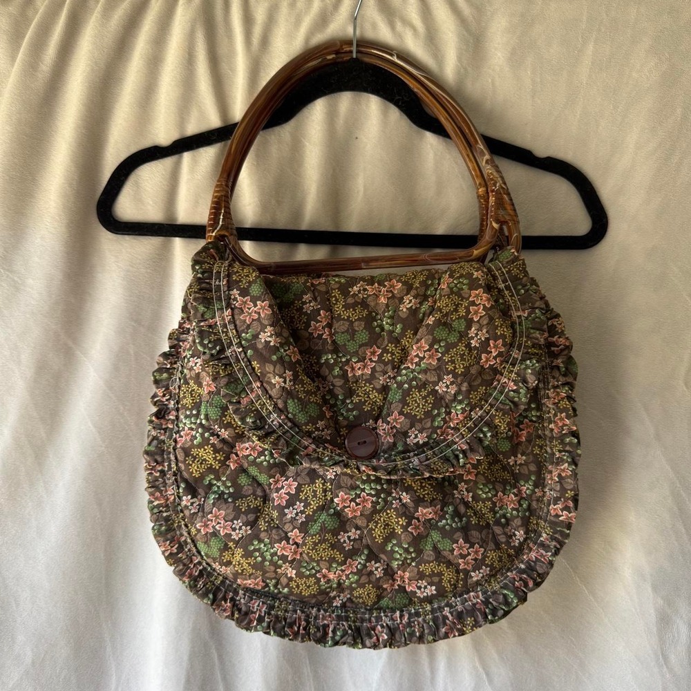 Floral Quilted Purse Acrylic Handle Ruffle Cottagecore Brown Green